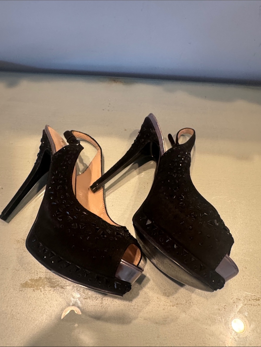 Guess Black Suede Peep-Toe Slingback Heels with Metallic Toe